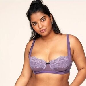 SALE! Adore Me Purple Lace Lark Unlined Plus Balconette Bra, Front Bow NWT 42C